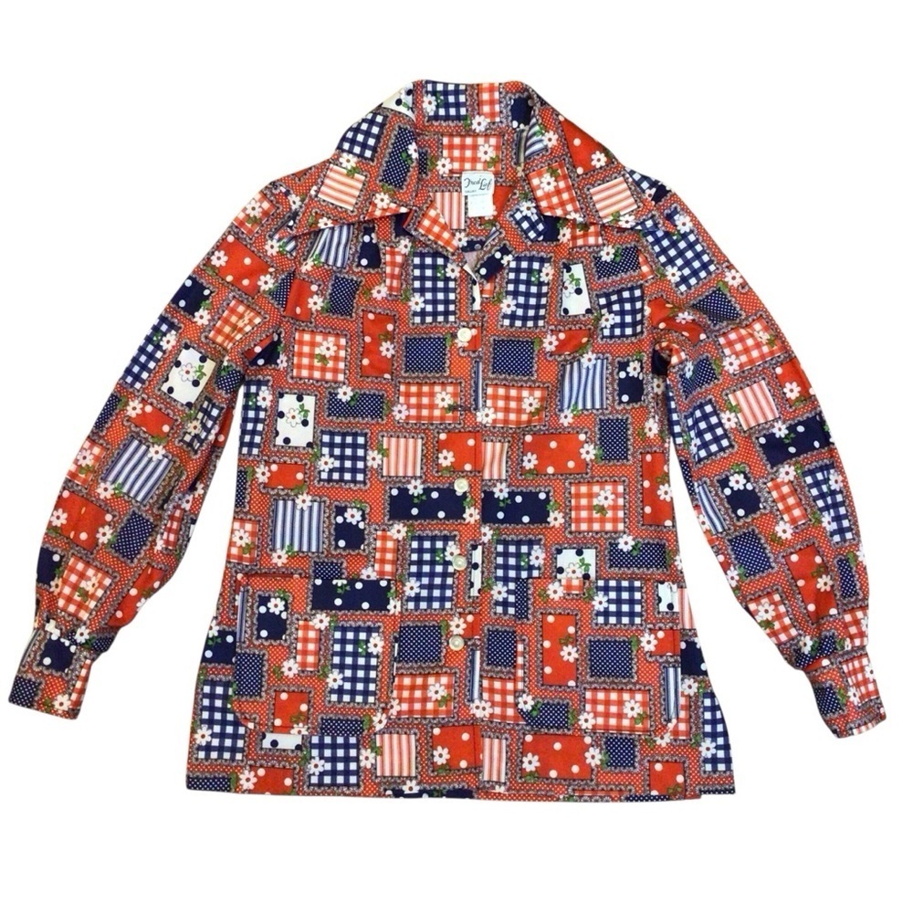 Fred Lief Dallas Vintage 70s Patchwork Blouse Red White Blue Button Front Size 8